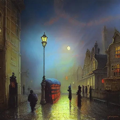 Prompt: beautiful _ painting _ of _ old _ london _ street _ scene _ spooky _ dark _ fog _ in _ the _ moonlight _ fantasy _ mystical _ victor _ nizovtsev - c _ 9. 0