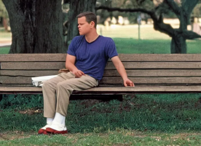 Prompt: film still of matt damon as forrest gump sitting on a bench with a box of chocolates in forrest gump, 4 k