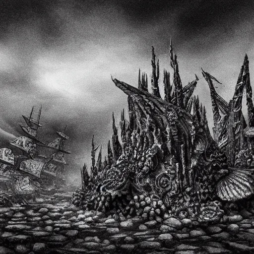 Image similar to charcoal reefs of the chaos realm, in the style of alejandro mirabal, dramatic, tragic, intricate, detailed, beautiful, 8 k resolution