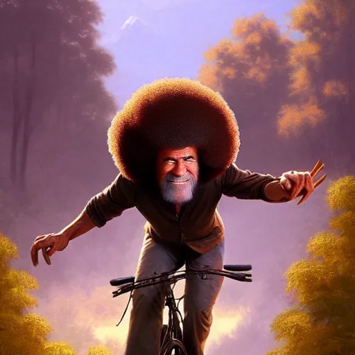 Image similar to bob ross!!! riding!!! a dinosaur!!, giant afro!, model pose, ultra realistic, concept art, intricate details, highly detailed, photorealistic, octane render, 8 k, unreal engine. art by artgerm and greg rutkowski and alphonse mucha