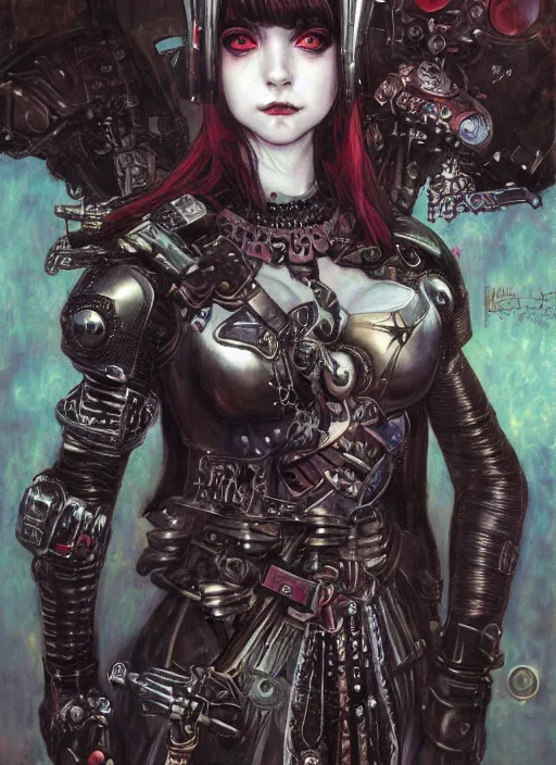 Image similar to portrait of cute beautiful young goth sister of battle from Warhammer, cyberpunk, Warhammer 40000, gothic, highly detailed, artstation, illustration, art by Gustav Klimt and Range Murata