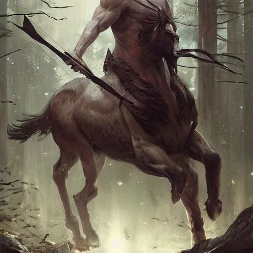 Prompt: Adam Driver as a centaur warrior, human upper torso attached to a horse body, aiming a bow and arrow, galloping through the forest, digital art, fantasy art by Greg Rutkowski