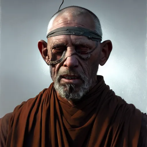Image similar to portrait painting of a post - apocalyptic older american man blindfolded and wearing monk garbs with a scrap pauldron, ultra realistic, concept art, intricate details, eerie, highly detailed, photorealistic, octane render, 8 k, unreal engine. art by artgerm and greg rutkowski and charlie bowater and magali villeneuve and alphonse mucha