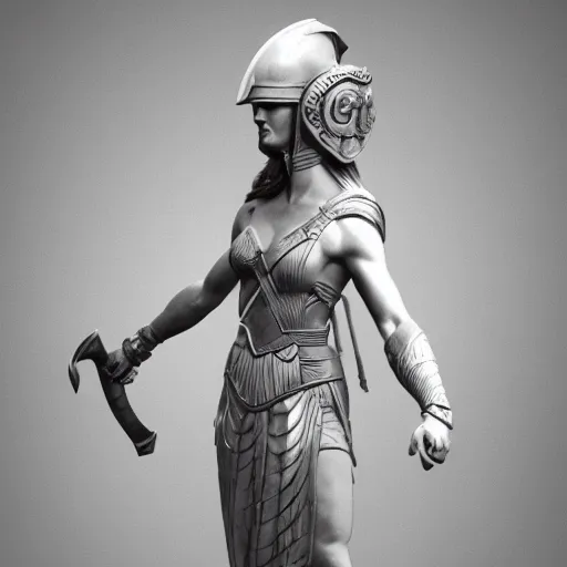 Prompt: full size beautiful marble statue of athena, hoplite helmet on her head, sword in her hands, realistic proportions, feminine athletic body, realistic face, hyperrealistic, 8 k, full size photo, artstation