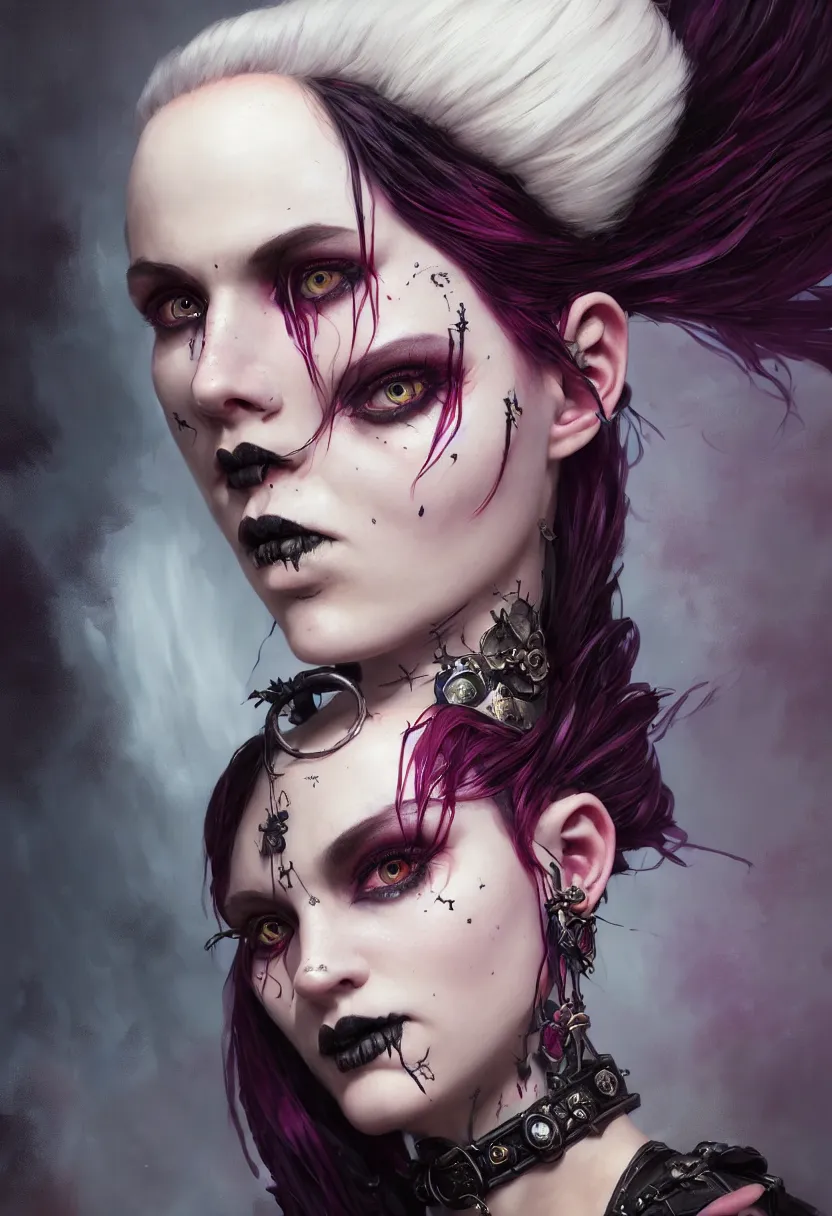 Image similar to beautiful very extreme closeup portrait, goth girl, piercings collar, mohawk hairstyle, medieval dress. witch, makeup. unreal engine, greg rutkowski, loish, rhads, beeple, tom bagshaw, alphonse mucha, global illumination, detailed and intricate environment