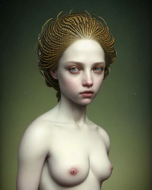 Image similar to dreamy, subsurface scattering, white, young beautiful goddess in cosmos, octane render, dino valls, mark ryden, joe fenton, michal karcz, highly detailed, rim light, art, cinematic lighting, very coherent, hyper realism, 8 k