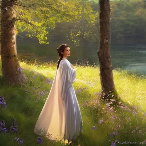 Image similar to Princess Leia, Swedish countryside, landscape view, archipelago, painting by Vladimir Volegov, wlop, artstation