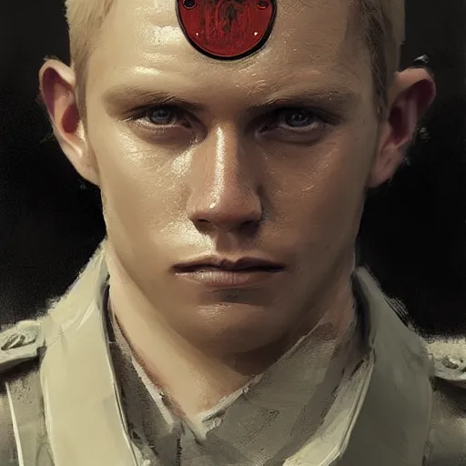 Image similar to Portrait of a devil by Greg Rutkowski, he is about 20 years old, norwegian, short blond hair, young, manly, attractive, strong, older brother vibes, he is wearing futuristic military fatigues, highly detailed portrait, scifi, digital painting, artstation, concept art, smooth, sharp foccus ilustration, Artstation HQ