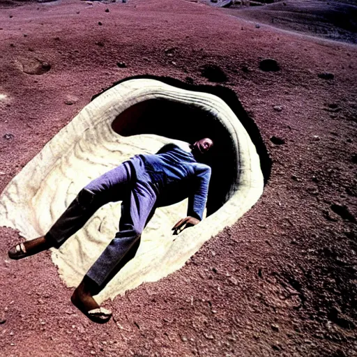 Prompt: a person laying in a huge crater. their body twisted unnaturally, spaceship wreckage in background. ap photograph 1 9 8 5