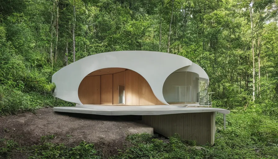 Image similar to A wide image of a full innovative contemporary 3D printed prefab sea ranch style cabin with rounded corners and angles, beveled edges, made of cement and concrete, organic architecture, in a lush green forest Designed by Gucci, Balenciaga, and Wes Anderson, golden hour