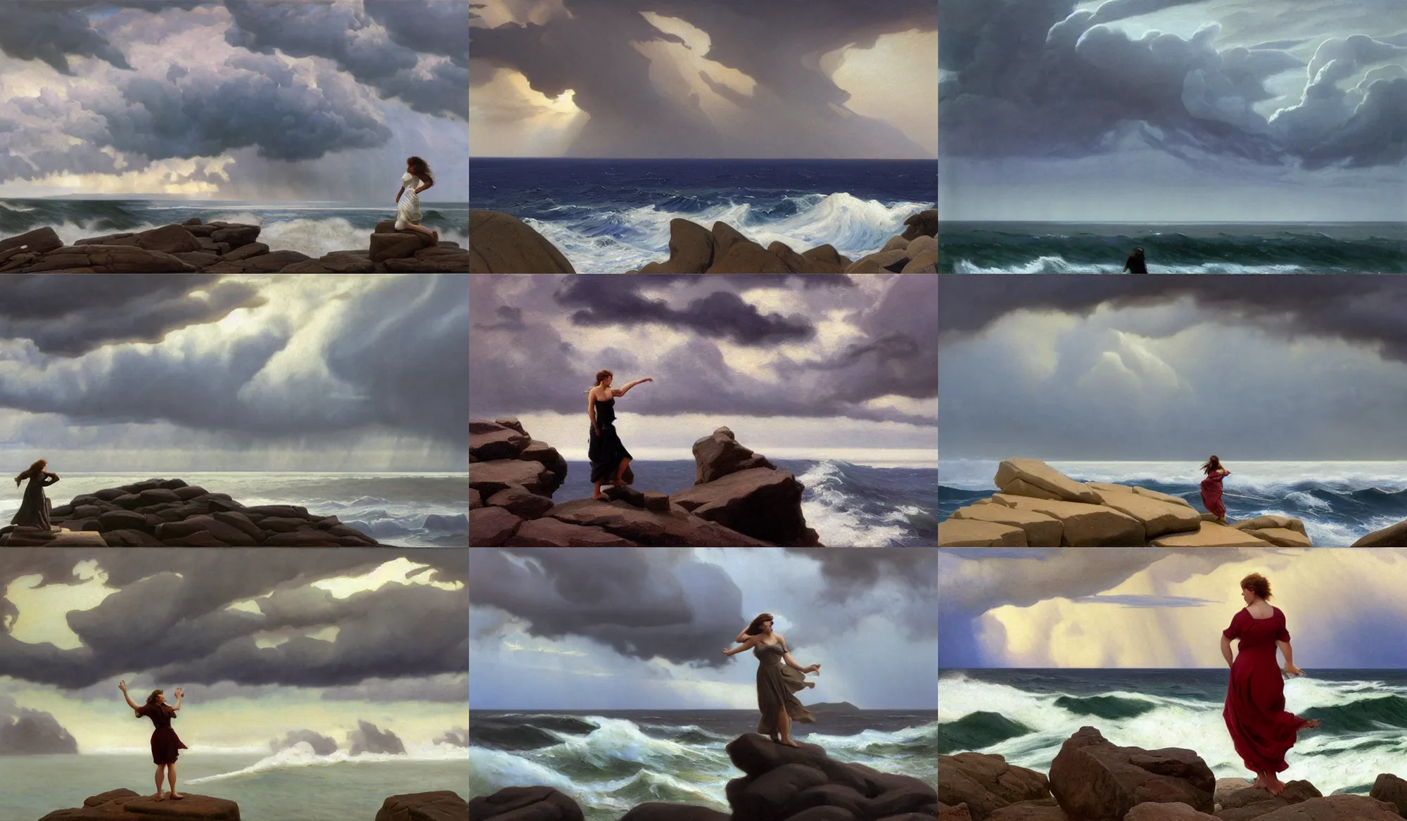 Prompt: dramatic light, thunder clouds in the sky, stormy sea by frederick judd waugh, simple form, brutal shapes stormy sky, extremely strong wind, cumulonimbus, woman in dress figure standing on the stones, realism, view from above on seascape, matte painting, artstation, cinematic view, artwork by ed mell christopher blossom and frederick judd waugh and franklin carmichael and Russ Kramer and ivan aivazovsky and isaac levitan