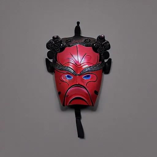 Prompt: symmetrical product photograph of a waterlily shaped ornate samurai mask