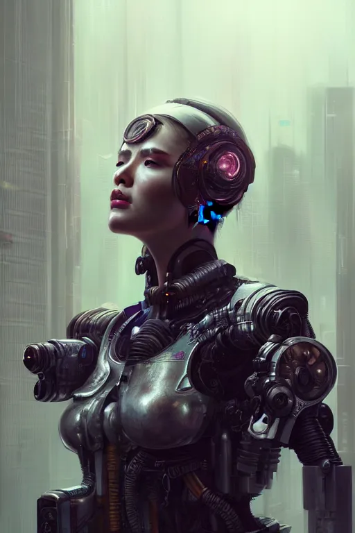 Image similar to a hyper detailed octane render concept art by xision wu, kerem beyit, sandara tang portrait of cyberpunk cyborg, dim lighting, detailed portraits, unreal engine 5, highly rendered,, digital painting, artstation, concept art, smooth, sharp focus perfect horizontal ， symmetry illustration, detailed and intricate environment artstation hq