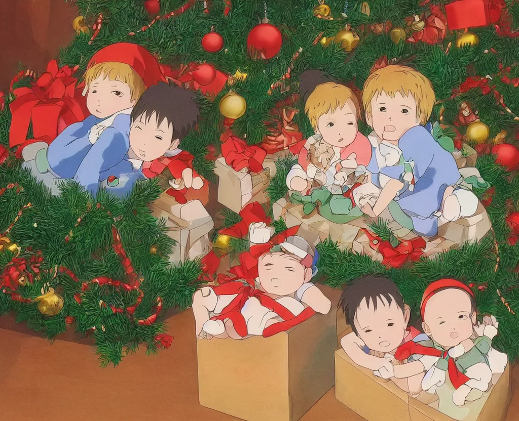 Prompt: Two twin babies in a gift box, christmas lights, very detailed, art by Studio Ghibli