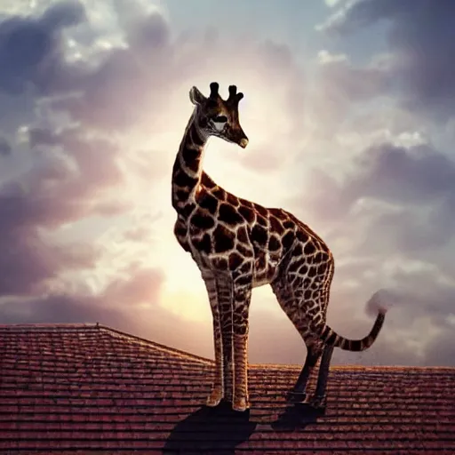 Prompt: a cat standing on the rooftop, the cat looks like giraffe, giraffe head and big giraffe body, fantasy, epic lighting, cinematic composition, hyper realistic, 8 k resolution, unreal engine 5, by artgerm, tooth wu, dan mumford, beeple, wlop, rossdraws, james jean, andrei riabovitchev, marc simonetti, artstation