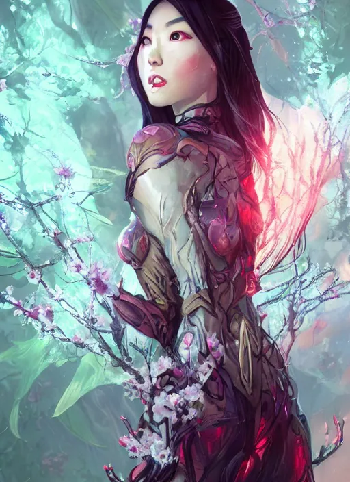 Prompt: portrait of Arden Cho as a everreaching Goddess of despair, a futuristic diety, inside future fighter, sci-fi, fantasy, intricate, lush garden spaceship with sakura season flowers, elegant, human anatomy, royal green and nature light, highly detailed, digital painting, artstation, concept art, smooth, sharp focus, illustration, art by tian zi and WLOP and alphonse mucha, masterpiece, 3d blender, mitch foust, Clyde Caldwell, brom