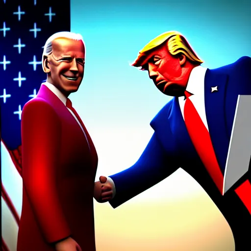 Image similar to joe biden handshakes donald trump ultra realistic, lens flare, atmosphere, glow, detailed, intricate, full of colour, cinematic lighting, trending on artstation, 4 k, hyperrealistic, focused, extreme details, unreal engine 5, cinematic, masterpiece, ultra realistic, hyper realistic, highly detailed, sharp focus, digital art