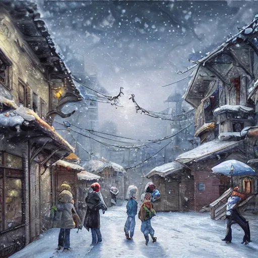 Image similar to a group of friends in a snowy village, dynamic composition, motion, ultra-detailed, incredibly detailed, a lot of details, amazing fine details and brush strokes, colorful and grayish palette, smooth, HD semirealistic anime CG concept art digital painting, watercolor oil painting of Clean and detailed post-cyberpunk sci-fi, relaxing, calm and mysterious vibes,, by a Chinese artist at ArtStation, by Huang Guangjian, Fenghua Zhong, Ruan Jia, Xin Jin and Wei Chang. Realistic artwork of a Chinese videogame, gradients.,set in half-life 2, dynamic composition, beautiful with eerie vibes, very inspirational, very stylish, with gradients, surrealistic, dystopia, postapocalyptic vibes, depth of field, mist, rich cinematic atmosphere, perfect digital art, mystical journey in strange world