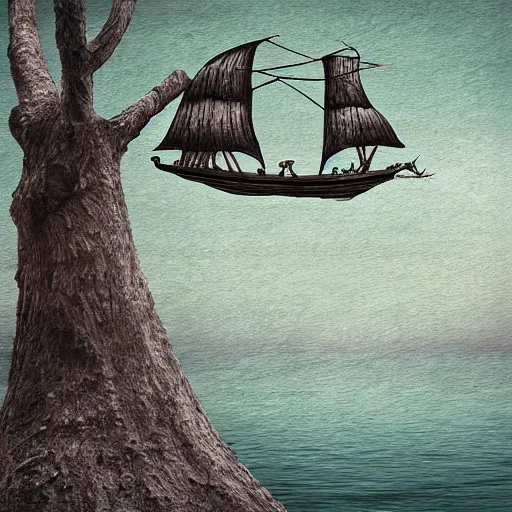 Prompt: A Wooden ship on a tree, digital art