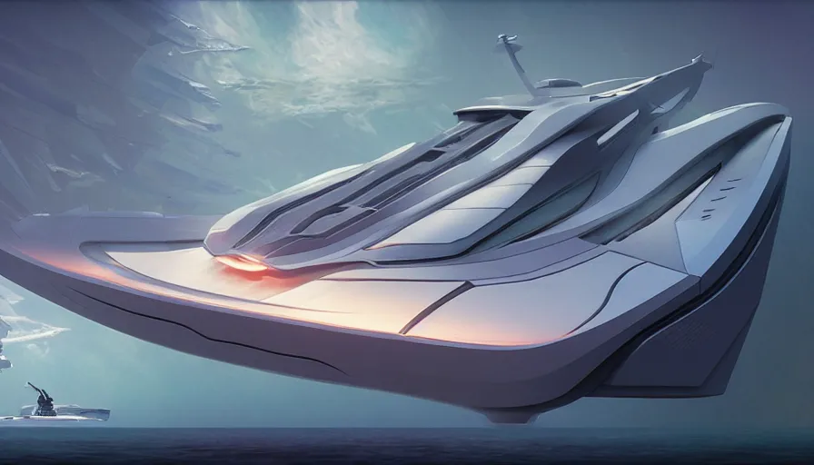Image similar to a futuristic sport yacht by artgerm and greg rutkowski and alphonse mucha, volumetric light, detailed, octane render, midsommar