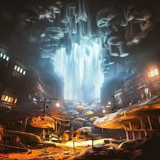 Image similar to “realistic image of city in a giant underground cave, bioluminescence, mushrooms, crystals, roots, Artstation HQ, photorealistic, hiperrealistic, 4k UHD, Unreal Engine 5, cinematic shot, cinematic lightning, dark tones, high contrast, masterpiece”