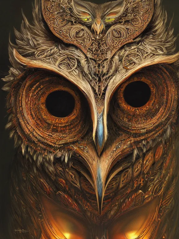 Image similar to a ultradetailed beautiful concept art of a an intricate wooden mask of an owl painted with beautiful colors, but the mask seems to hide some dark secret, concept art, high resolution 4 k, by tom bagshaw, greg rutkowski, charli bowater and artgeem