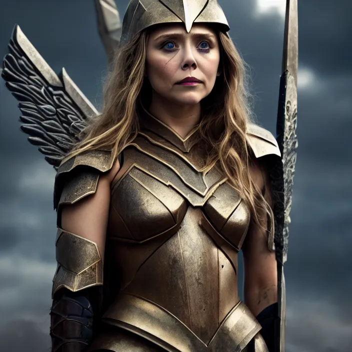 Prompt: professional full length photograph of elizabeth olsen as a valkyrie warrior. Extremely detailed. 8k