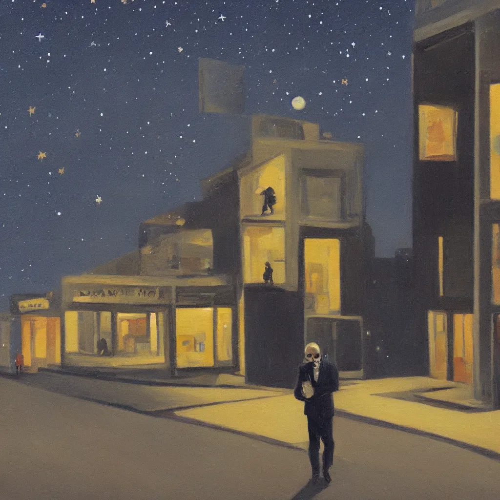 Prompt: a painting of a man walking down a lonely street on another planet and the sky is covered in stars, the head of the man is a skull, he is wearing a suit, in the style of edward hopper, 4 k,