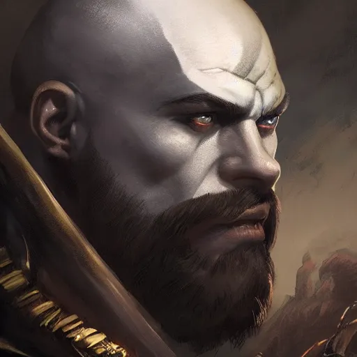 Prompt: A portrait of Kratos, Magic the Gathering art, art by greg rutkowski, matte painting, trending on artstation, very detailed