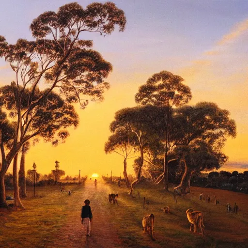 Prompt: high definition oil painting of walking the lion in a park in sydney australia at sunset