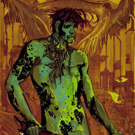 Image similar to ornate fluorescent yellow, fluorescent by margaret modlin, by walter ernest webster, by pascale campion. a photograph of hercules after he has completed one of his twelve labors, the killing of the hydra. he is standing over the dead hydra, covered in blood clutching a sword that slew the beast. his face is expressionless.