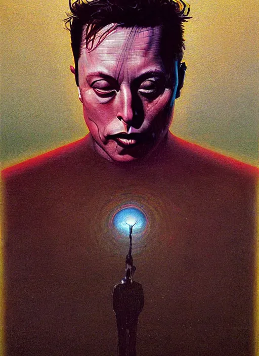 Image similar to A painting of Elon Musk in style of Beksinski. Very detailed