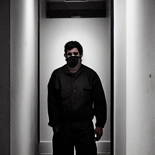 Prompt: man with deformed face in jumpsuit, standing in a dimly lit hallway with a wrench