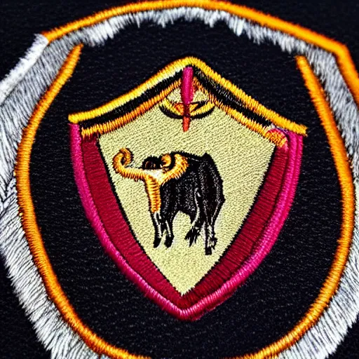 Prompt: closeup photo of a colorful embroidered patch of the coat - of - arms of the house of watanka from hogwarts which has the theme of a buffalo. the patch is sewn onto a leather school - bag.