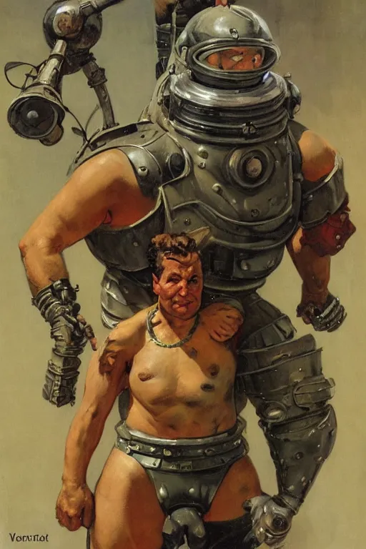 Prompt: 5 0 s pulp scifi fantasy illustration full body portrait martyn ford as huge troll wearing space armour and carrying a woman, by norman rockwell, roberto ferri, daniel gerhartz, edd cartier, jack kirby, howard v brown, ruan jia, tom lovell, frank r paul, jacob collins, dean cornwell, astounding stories, amazing, fantasy, other worlds