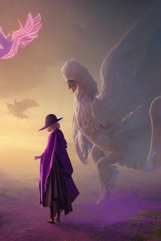 Prompt: Young beautiful short woman in purple witch robes and pointy hat with a small pet phoenix on her shoulder, full body shot unreal engine hyperreallistic render 8k character concept art masterpiece digital art by Greg Rutkowski, Simon Stalenhag, trending on Artstation, CGSociety