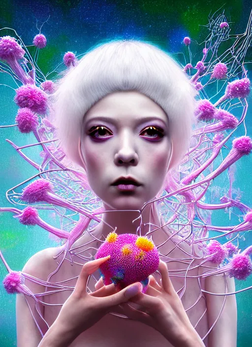 Image similar to hyper detailed 3d render like a Oil painting - kawaii portrait Aurora (white haired Singer Mantis) seen Eating of the Strangling network of yellowcake aerochrome and milky Fruit and Her delicate Hands hold of gossamer polyp blossoms bring iridescent fungal flowers whose spores black the foolish stars by Jacek Yerka, Mariusz Lewandowski, Houdini algorithmic generative render, Abstract brush strokes, Masterpiece, Edward Hopper and James Gilleard, Zdzislaw Beksinski, Mark Ryden, Wolfgang Lettl, hints of Yayoi Kasuma, octane render, 8k