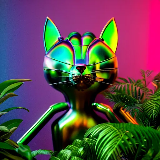 Prompt: giant iridescent mix between a feline and bug android creature in lush jungle, raining, foggy, moody, :: by Jeff Koons, Dan McPharlin Daniel Merrian :: ornate, dynamic, particulate, rich colors, intricate, elegant, highly detailed, centered, artstation, smooth, sharp focus, octane render, 3d