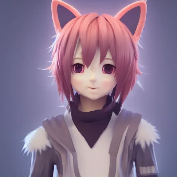 Prompt: 3D render of a cute anime boy with cat ears and tail, fantasy artwork, fluffy, mid-shot, award winning, hyper detailed, very very very beautiful, studio lighting, artstation, unreal engine, unreal 5, 4k, octane renderer