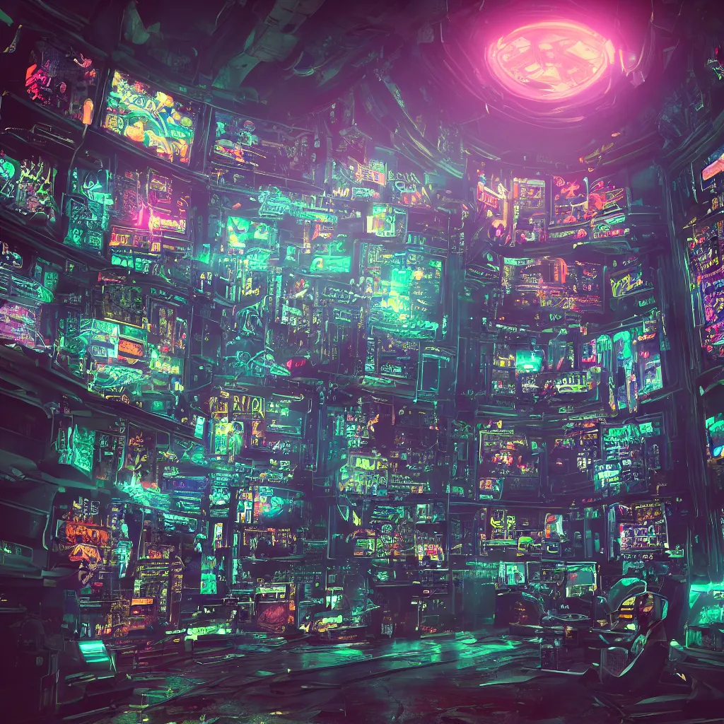 Prompt: a highly detailed photo of a cyberpunk room, high tech, neon backlit, round window, 8 k