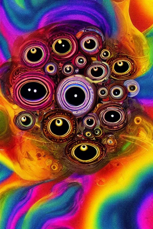 Prompt: many - eyed something with bizarre colors, abstraction, random, art, radial blur, glitch art, digital, weird, various, artstyles, 8 k, hdr, detailed, high quality, high resolution, 4 k, 8 k quality, 1 6 k, lossless, lossless quality