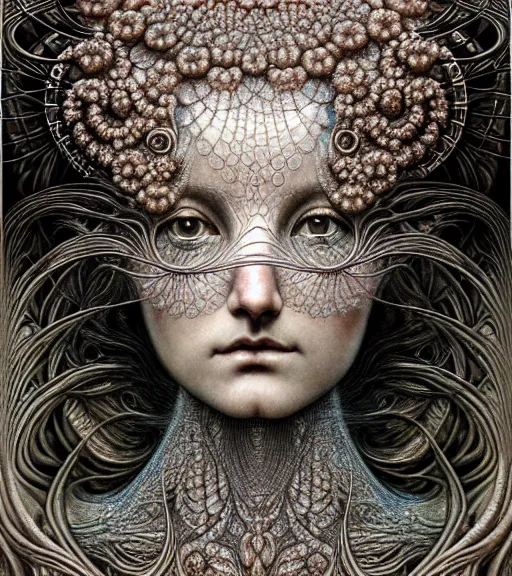 Image similar to detailed realistic beautiful crystal goddess face portrait by jean delville, gustave dore, iris van herpen and marco mazzoni, art forms of nature by ernst haeckel, art nouveau, symbolist, visionary, gothic, neo - gothic, pre - raphaelite, fractal lace, intricate alien botanicals, biodiversity, surreality, hyperdetailed ultrasharp octane render