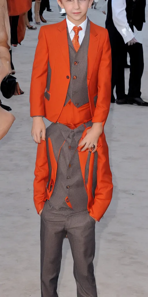 Image similar to 'young Shia LaBeouf wearing a frosty orange cross-cross weaved bamboo royal tuxedo'