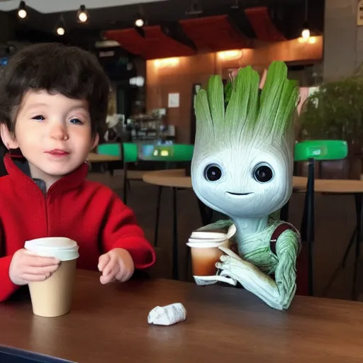 Prompt: Grogu and Baby Groot are chilling in a coffee shop together