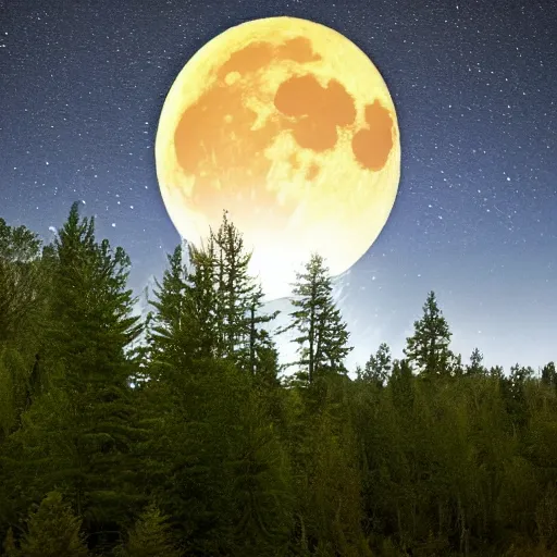 Image similar to oval shaped ufo with ethereal glow, hovering over a forest, large moon, night time, bigfoot