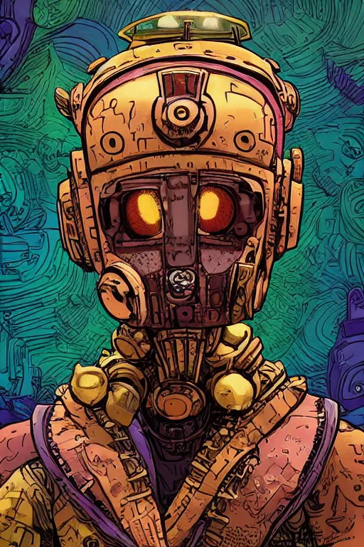 Image similar to Afrofuturism, a zulu voodoo mask helmet bot borderland that looks like it is from Borderlands and by Feng Zhu and Loish and Laurie Greasley, Victo Ngai, Andreas Rocha, John Harris