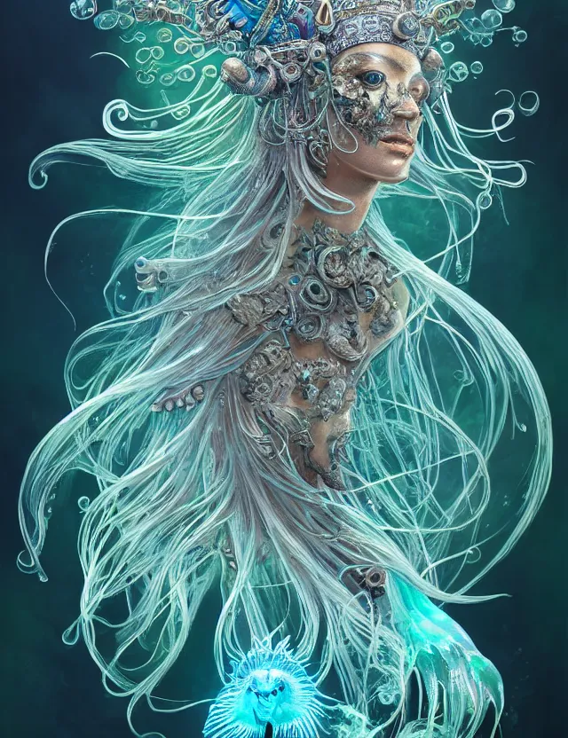 Image similar to goddess macro shouler portrait from bottom to top in crown made of ram skull. betta fish, jellyfish phoenix, bioluminiscent, plasma, ice, water, wind, creature, super intricate ornaments artwork by tooth wu and wlop and shofff and greg rutkowski