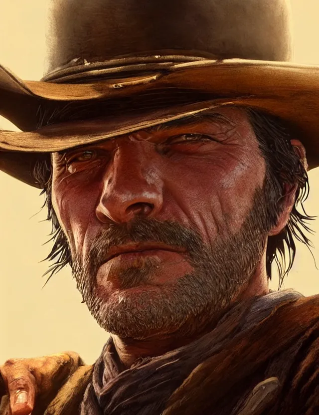 Image similar to close face portrait of an old male cowboy as red dead redemption 2 concept art, art by ryo shiotani and greg rutkowski, intricate, beautiful, cute, cinematic lighting, vintage art by serge ivanoff, high resolution, very detailed