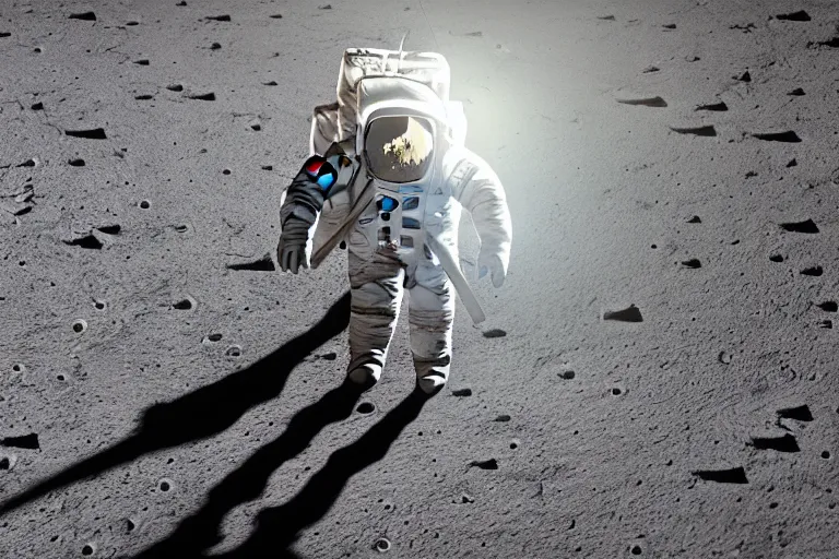 Image similar to still photo of astronaut in a space suit walking on the surface of moon, highly detailed, photorealistic portrait, bright studio setting, studio lighting, crisp quality and light reflections, unreal engine 5 quality render