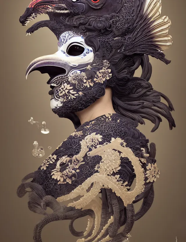 Image similar to 3 d goddess half - turn portrait with ram skull. beautiful intricately detailed japanese crow kitsune mask and clasical japanese kimono. betta fish, jellyfish phoenix, bio luminescent, plasma, ice, water, wind, creature, artwork by tooth wu and wlop and beeple and greg rutkowski